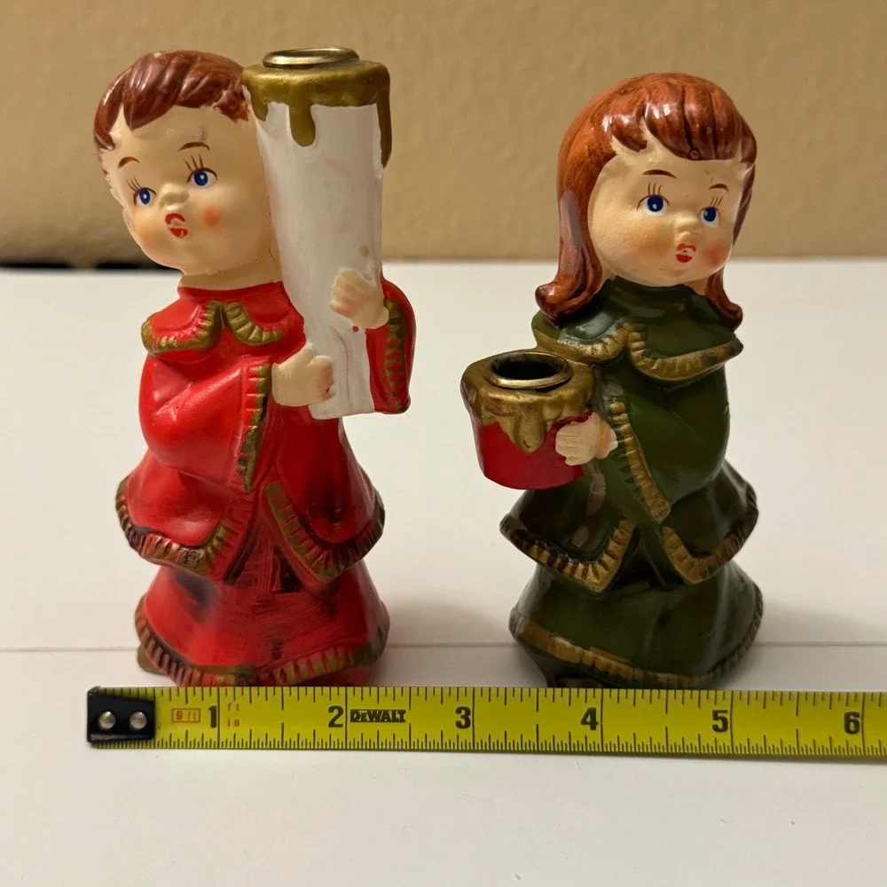 Vintage Star Japan Christmas Choir Boy Girl Candle Holders  Hand Painted 1950's